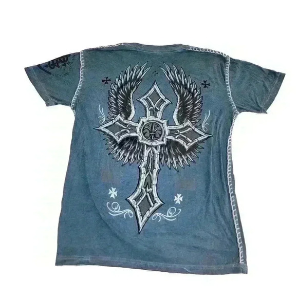 Raw State XL T-shirt Men's Blue Grunge Y2k Punk Cross Wings Vengeance Rock Metal - Picture 4 of 14